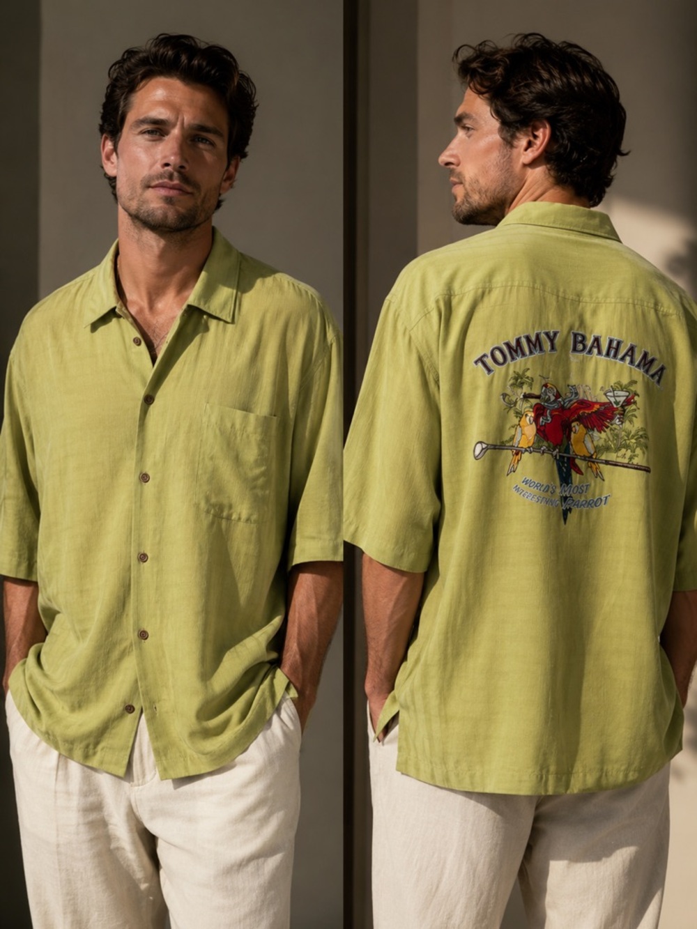 Tommy Bahama 100% Silk Panelback Camp Shirt XXL Embroidered Parrot Tropical